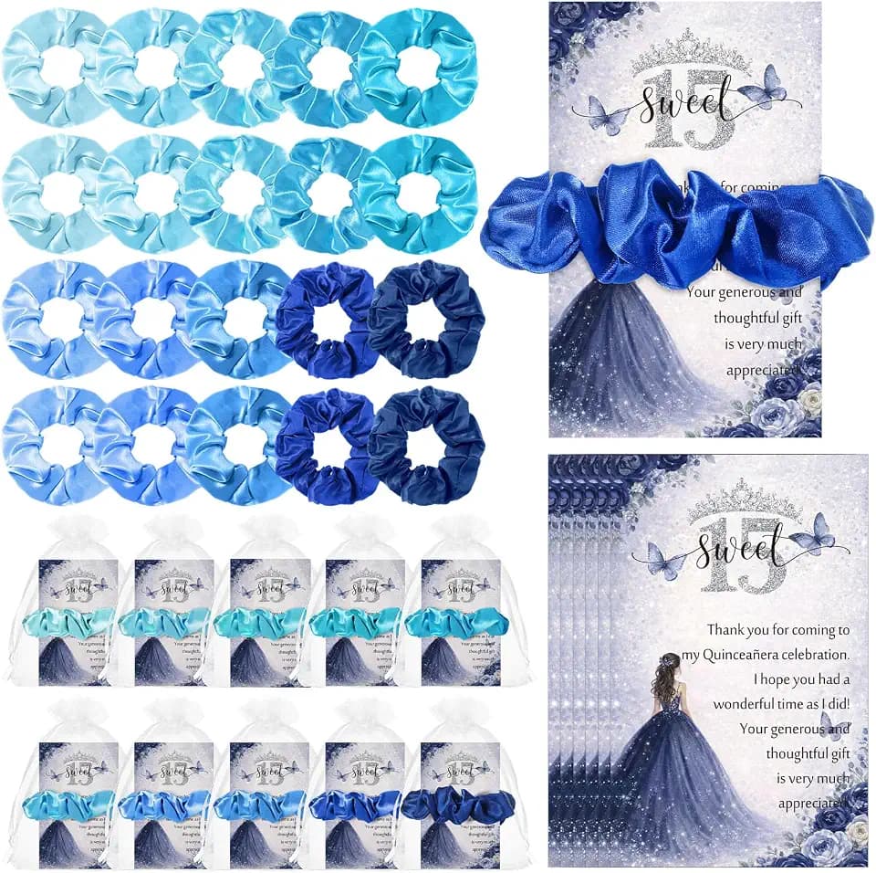 50 Sets Quinceañera Party Favors for Guests, Satin Scrunchies, Blue