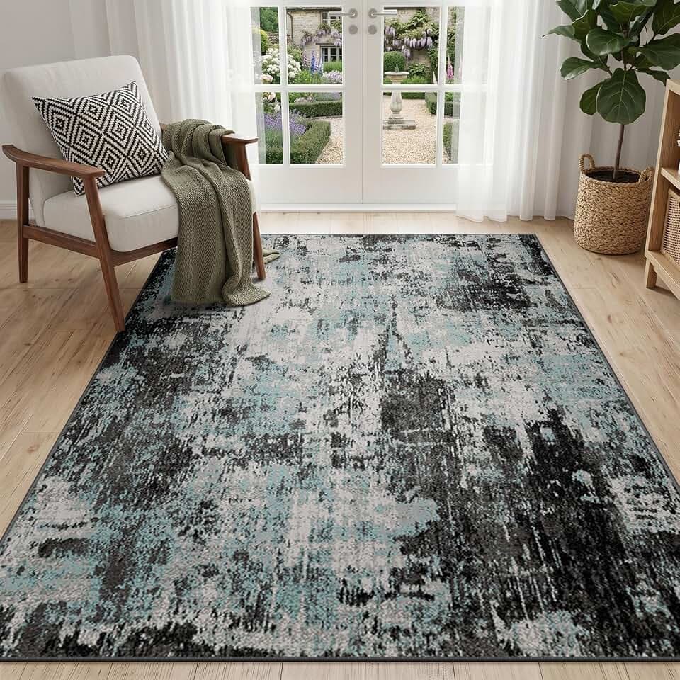 120x180cm Area Rug for Living Room - Modern Abstract Machine Washable Rug Non-Slip Soft Low Pile Rug for Flur, Bedroom and Kitchen-Blueblackblue