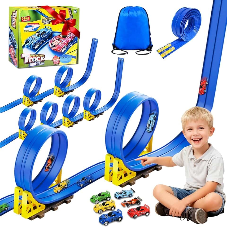 Rennbahn Kinder 5M, Autorennbahn Flexible mit 6 Autos, Rennstrecke Auto Autobahn Kinder Rollt Auf Dual Rennbahn Rampen, Autorennbahn Race Car Track für 1/64th Autos, Geschenk ab 3+ Jahr (Blau)