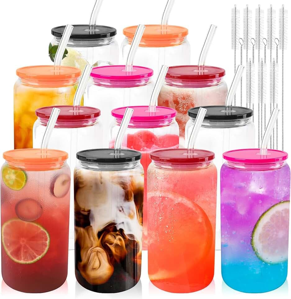 Joyclub 12pcs 16Oz Glass Cups with Acryic Lids and Straws Drinking Glasses