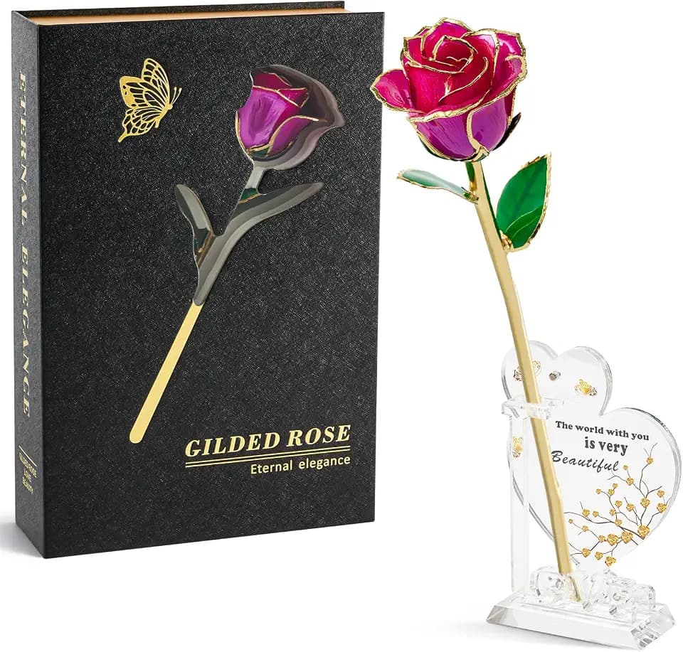 24K Gradient Purple Gold Dipped Realistic Rose Gift Set – Passionate Ombre Eternal Rose with Interlocking Acrylic Butterfly Display Base & Premium Book-Style Gift Box – Romantic Gift for Her