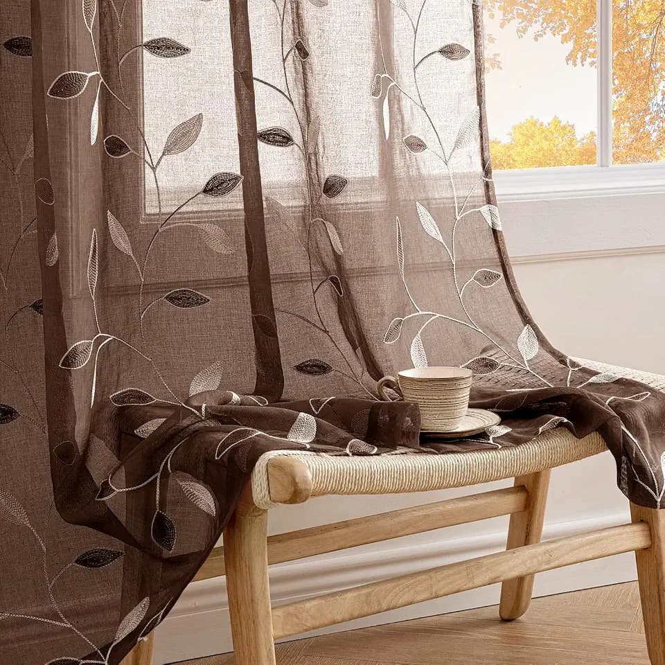 MIULEE Chocolate Brown Sheer Curtains 2 Panels Leaf Patterned, W52 x L84