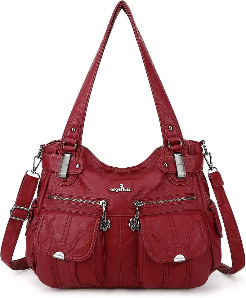 Angel Kiss Women's Designer Handbag Large Double Zipper Multi Pocket Washed Leather Purse