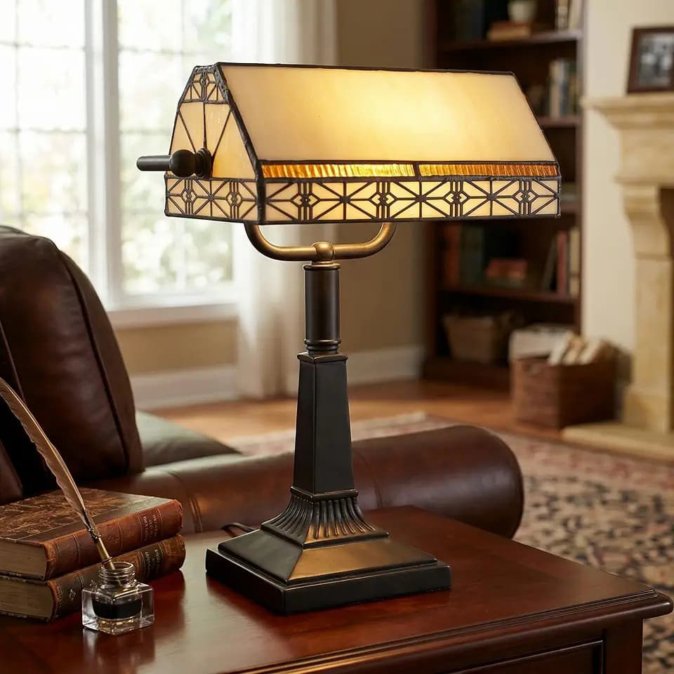 Lavish Home Tiffany Style Bankers Desk Lamp with Stained Glass Shade, Brown