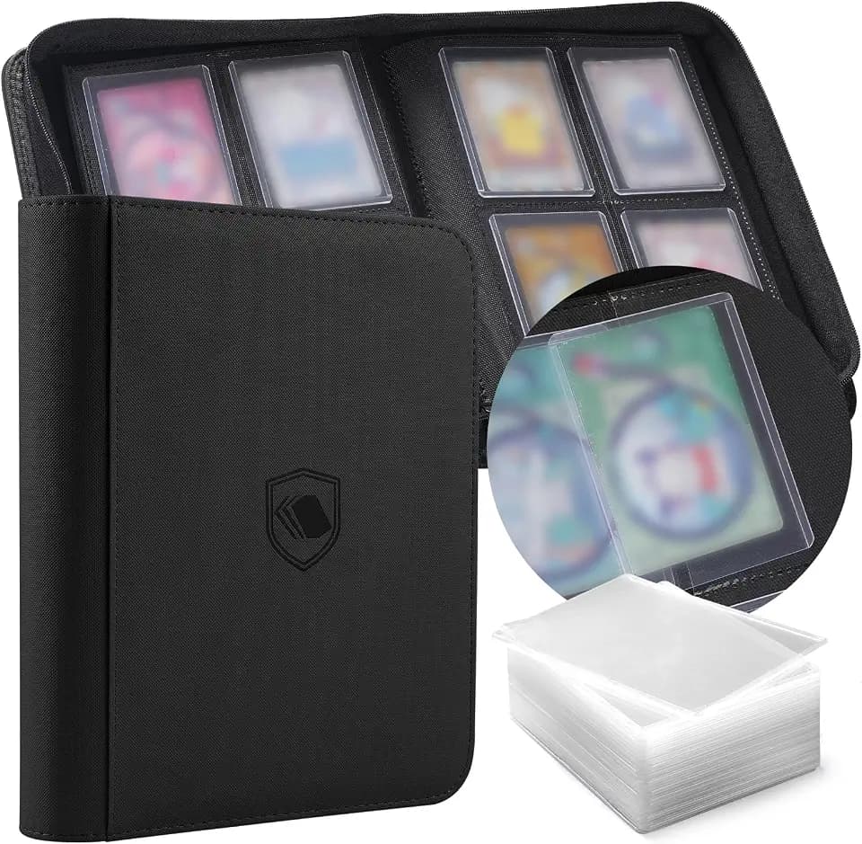 Toploader Sammelkarten Album mit 100 Toploadern und 100 Sleeves, für 128 Toploader, 4-Pocket Top Loader Binder für 3x4 Top Loader, Trading Card Binder für Sportkarten, TCG & Spielkarten (Schwarz)