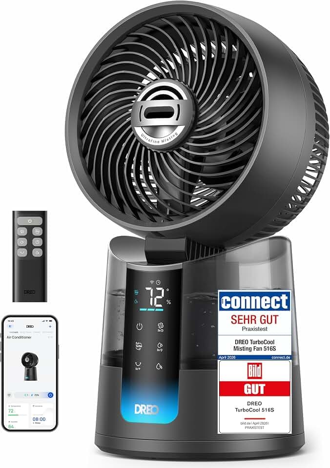 DREO TurboCool Nebelventilator 516S, Tischventilator mit 150°+30° Oszillation, Verdunstungskühler, 7.9 m/s, ultrafeiner Nebel, 20 dB leise, 6 Geschwindigkeiten, 2 Modi, App- & Fernbedienung, RGB, grau