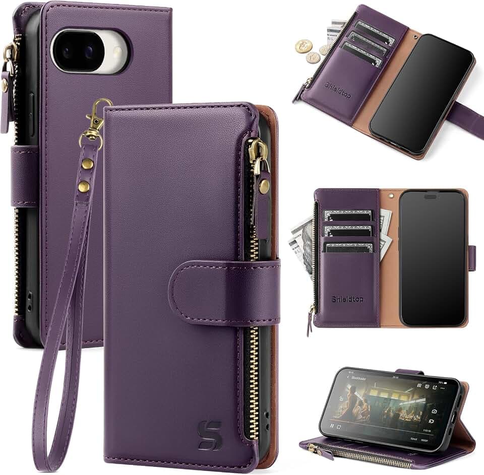 Shieldtop Compatible with Google Pixel 10a Wallet Case with Card Holder,Women Men RFID Blocking PU Leather Phone Case Flip Protective Cover Wrist Strap Zipper Credit Card Slots,Dark Purple