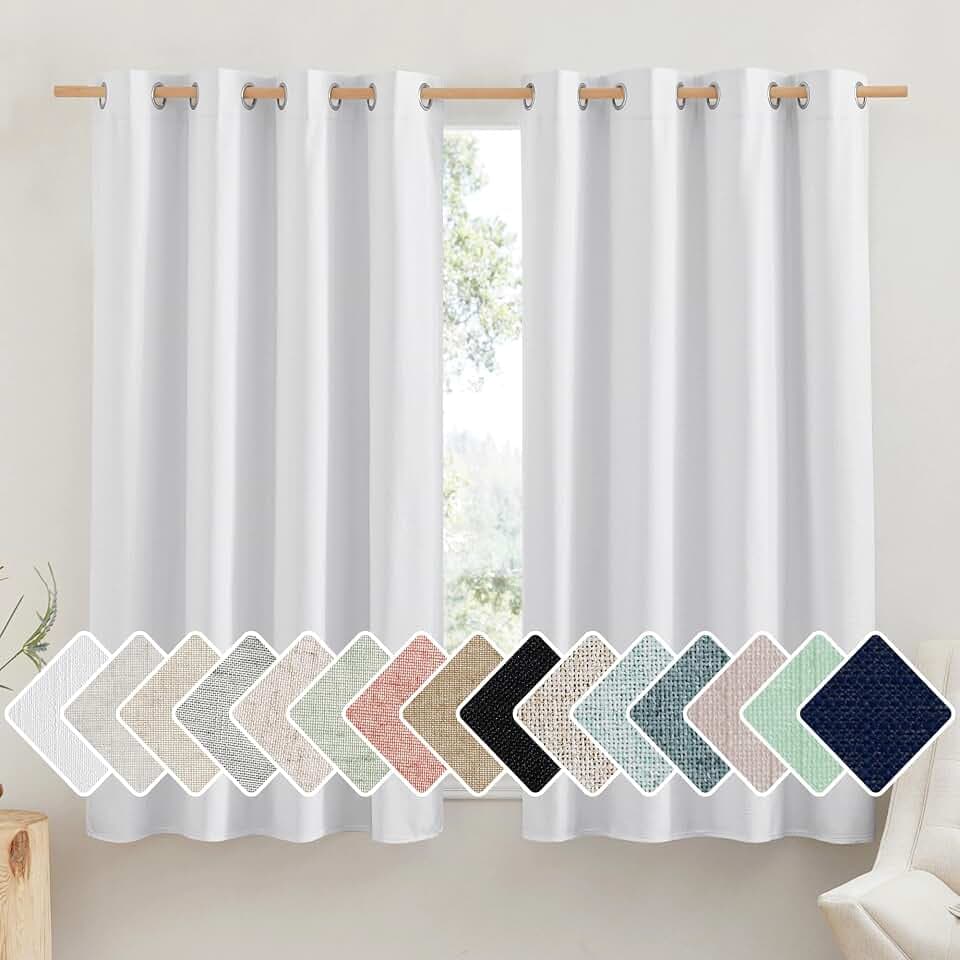 NICETOWN 100% Absolutely Blackout Linen Curtains with Thermal Insulated White Liner, White, 52 inches Wide, 48 inches Length Energy Saving Curtains for Cupboard 2 Panels Set, Vertical Blinds