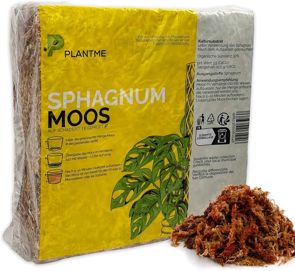 Sphagnum Moos aus Chile, gepresst 1000 g (ergibt ca. 50L) – langfaseriges Moos für Zimmerpflanzen, Moosstäbe, Monstera, Philodendron, Alocasia, Orchideen & Karnivoren