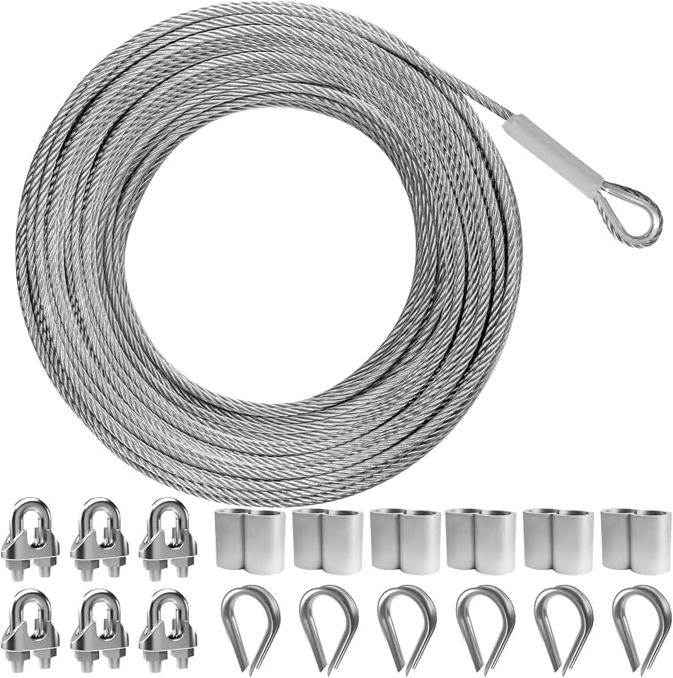 3/16" Wire Rope,50FT 304 Stainless Steel Wire Cable Kit,7x19 Strand Core with Sleeves,Clips,Thimbles,for Deck Railings,Stair Railings, Climbing Plants, Outdoor Hanging