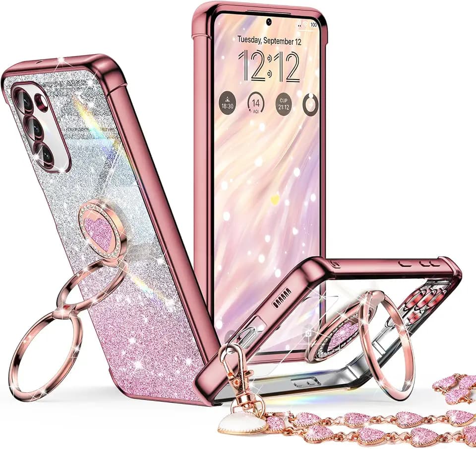XYZ for Samsung Galaxy S23 Plus Case with Stand, Galaxy S23 Plus Case with Double Ring, Women Girls Bling Luxury Glitter Clear Phone Case Cover for Samsung Galaxy S23 Plus, Rose Gold