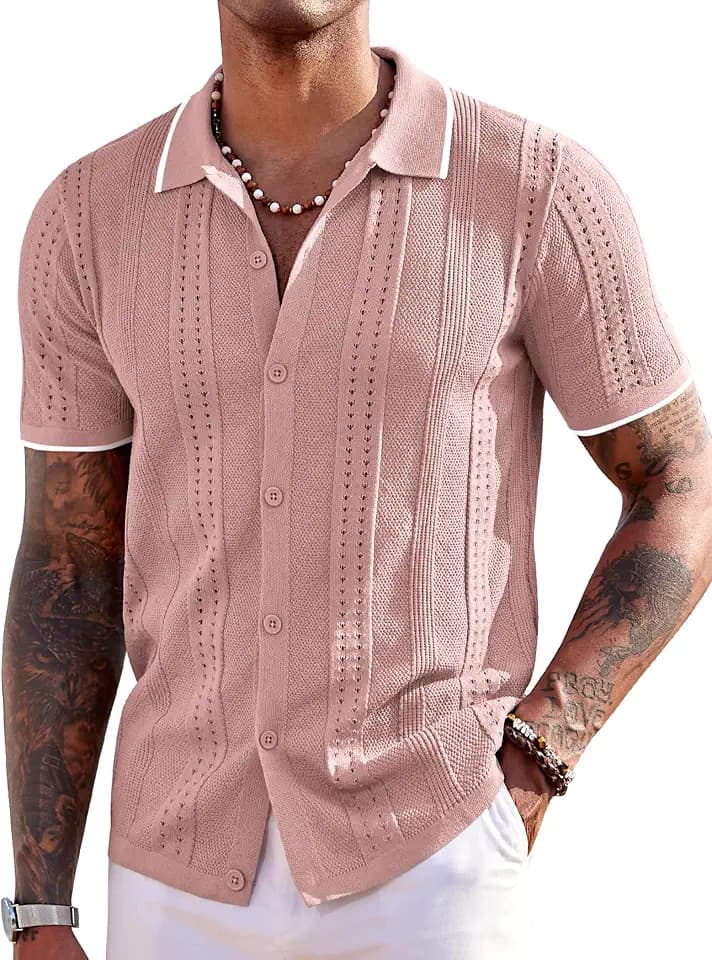 COOFANDY Men's Knit Shirts Short Sleeve Button Down Polo Shirt Summer Beach