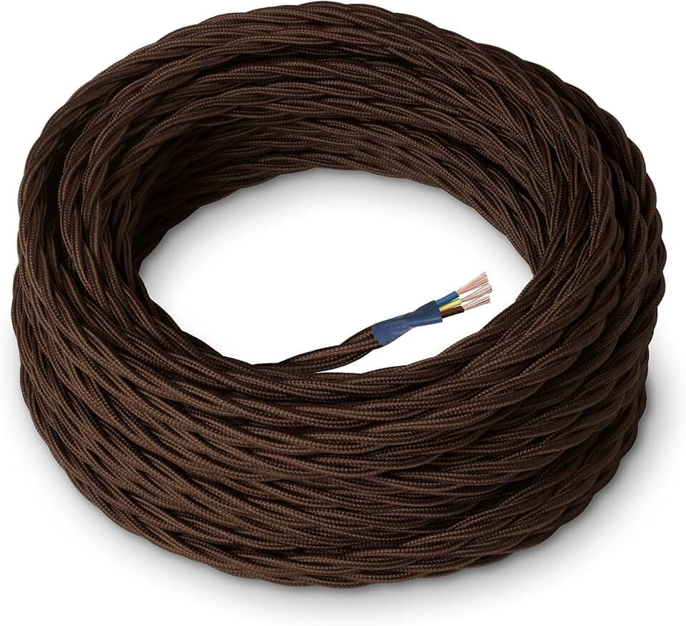 Amarcords - Textilkabel für Lampen BRAUN, geflochten, Seide, 10 Meter, mit Erdung 3x0,75 - Stoffkabel mit farbigem vintage Stoff überzogen für Kronleuchter, Wandlampen und Lampenschirme