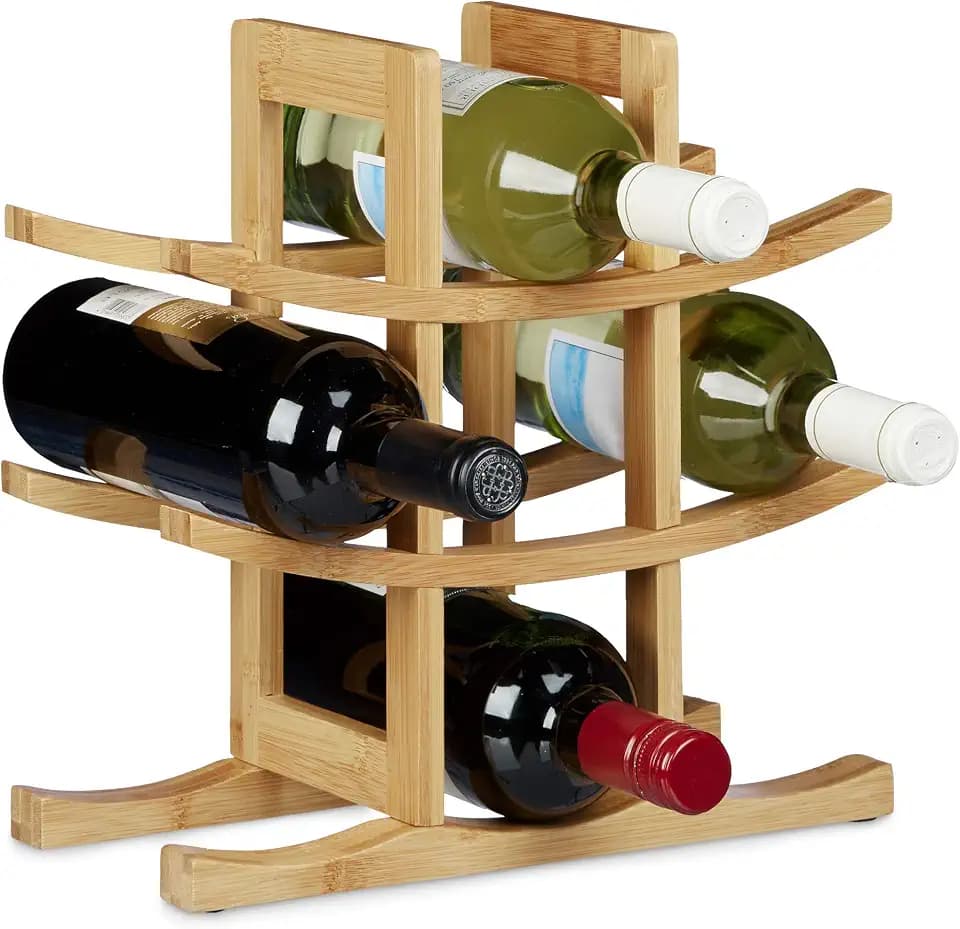Relaxdays Weinregal Bambus, Flaschenhalter für 9 Flaschen, originelles Design, freistehend, HBT ca. 30x30x14,5 cm, Natur