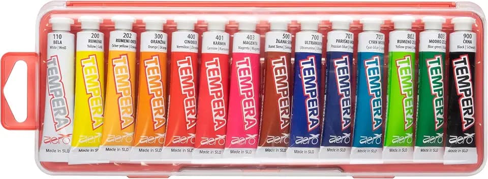AERO Tempera Farben, 14 Tuben à 7,5ml in plastikbox, ungiftig, leuchtende und intensive Farben, hochpigmentiert, mit Wasser vermalbar, geeignet für zahlreiche Maltechniken