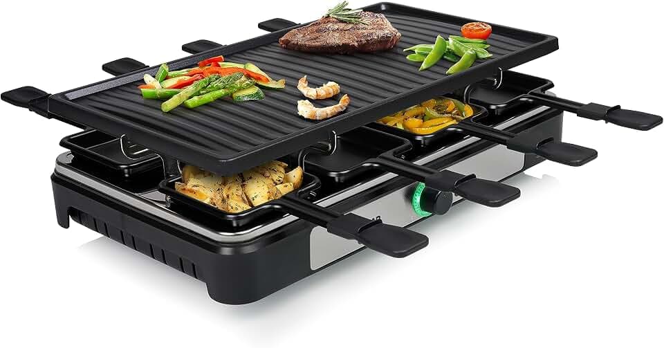Tristar Raclette – 8 Personen – Kochfläche 42 x 23 cm – Einstellbarer Thermostat mit Lichtring – 1400 W – Schwarz – RA-2746