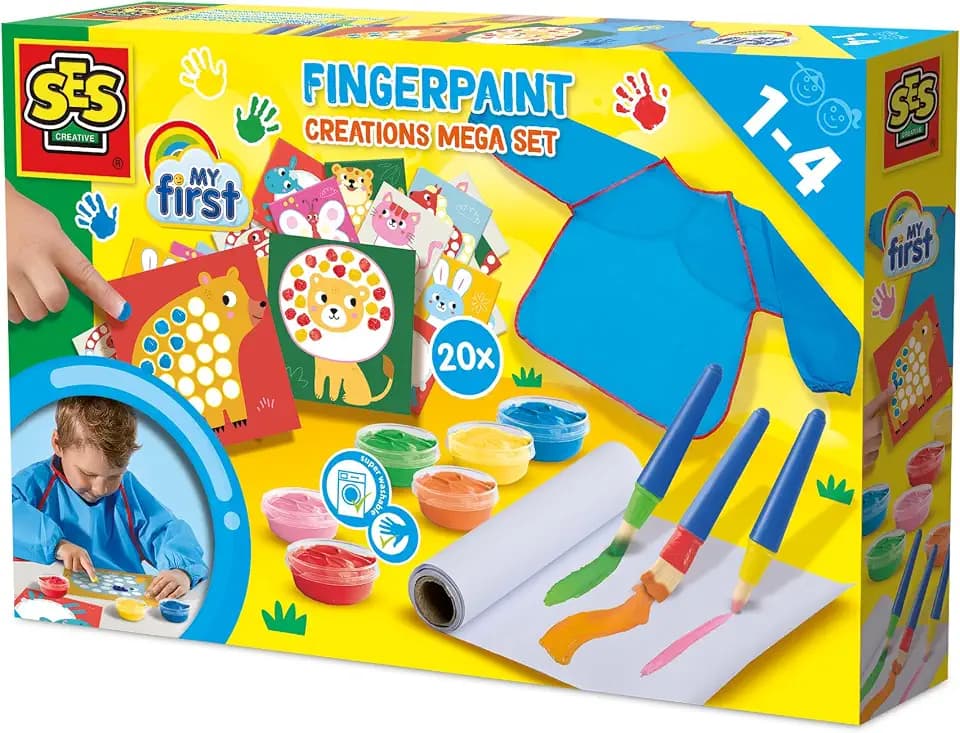 SES Creative Fingermalset | Mega Set | Fingerfarben Ungiftig | Glutenfrei | Leicht auswaschbar aus Kleidung | Made in Holland | für Kinder Ab 1 Jahr | 6 Farben | Mit 20 Karten und Malschürze | 14445