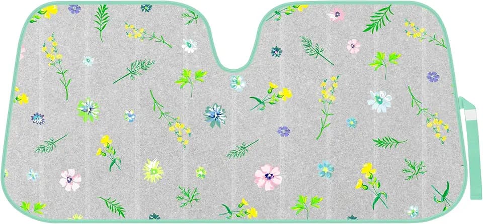 BDK Pastel Flowers Windshield Sun Shade, Car Sun Shade with Premium Double Bubble Design, Printed Sunshade for Car Windshield with Storage Strap, Measures 57 x 27 inches