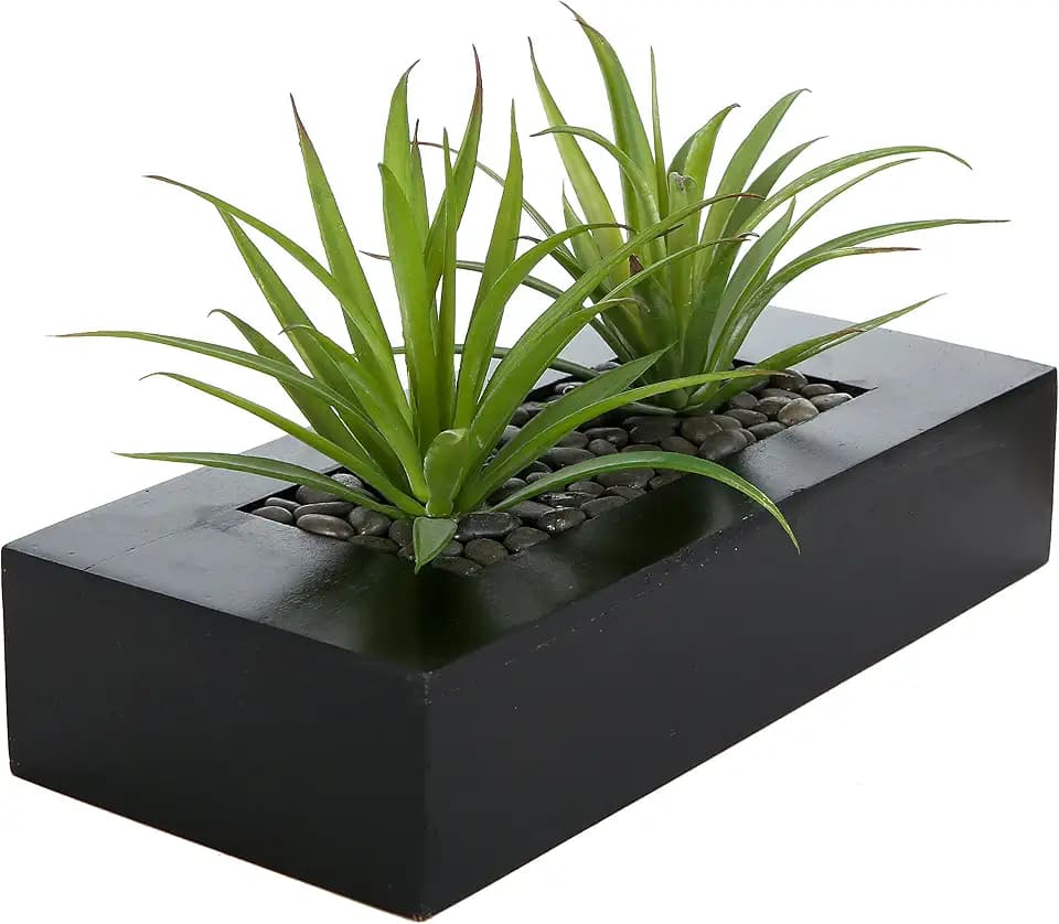 MyGift Fake Grass Plant in Rectangular Black Wood Planter (Black, 9.3 Inch)