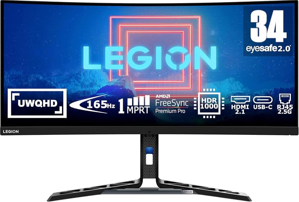 Lenovo Legion Y34wz-30 Gaming-Monitor 34 Zoll WQHD (3440 x 1440), VA, 1 ms, 165 Hz (Übertaktung 180 Hz), Lautsprecher, verstellbar, AMD FreeSync Premium Pro, HDMI 2.1 + DP + USB-C