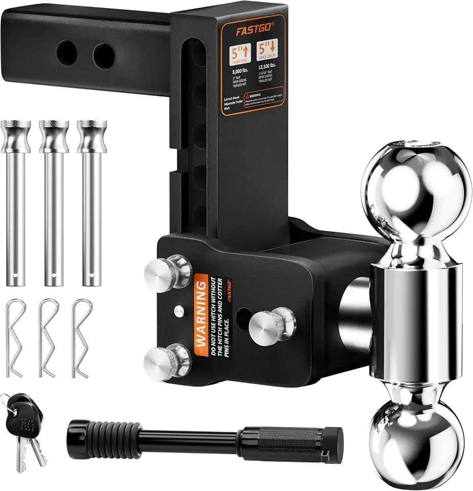 Fastgo Trailer Hitches - Fits 2" Receiver, Adjustable Trailer Hitch Ball Mount, Dual Ball (2" x 2-5/16") Tow Hitch, Drop Hitch, Truck Hitch, Anti-Theft, 5" Drop/Rise, 12500GTW