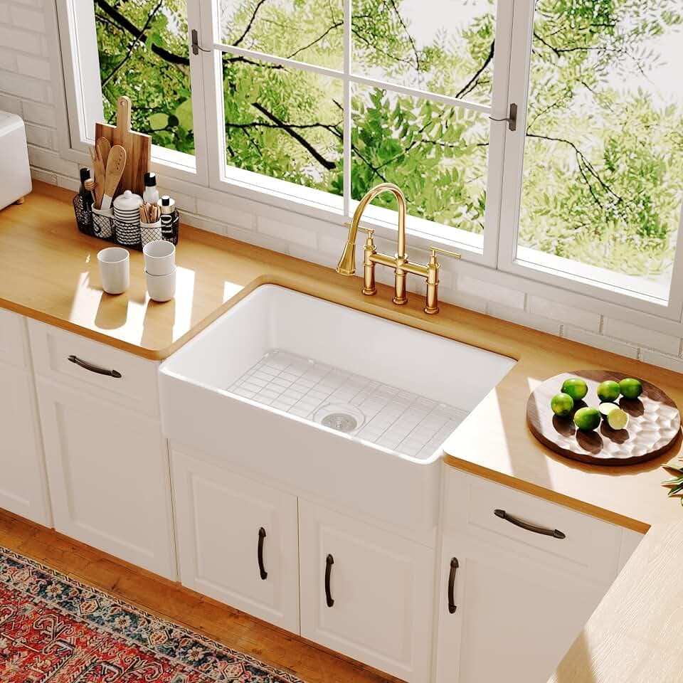 Deer Valley Farmhouse Kitchen Sink, 33 Inch Fireclay White Undermount Kitchen Sink, Ceramic Apron-Front Deep Single Bowl with Stainless Steel Grid & Drain