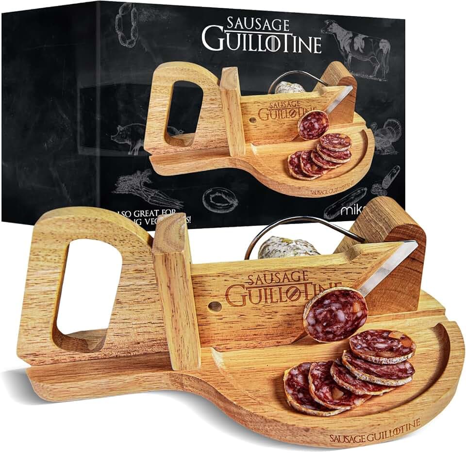 mikamax, Wurstschneider Guillotine für Zuhause, schnelle und gleichmäßige Wurstscheiben, scharfe Messer, aus massivem Holz, Holzfarbe, Guillotine, Currywurstschneider