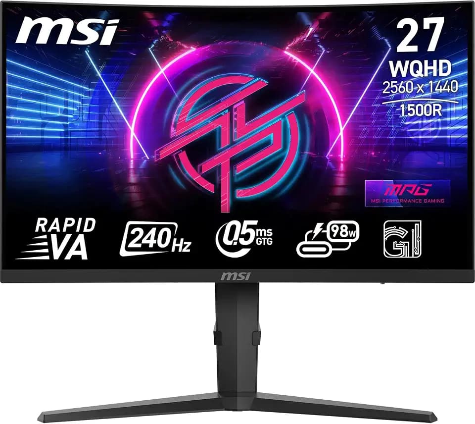 MSI MPG 275CQRXFDE 27-Zoll-WQHD-Gaming-Monitor mit gebogener Oberfläche – Rapid VA Panel mit 1500R 2560 x 1440, 240 Hz / 0,5 ms (GtG, Min.), Adaptive Sync – DP 1.4a, HDMI 2.0b CEC
