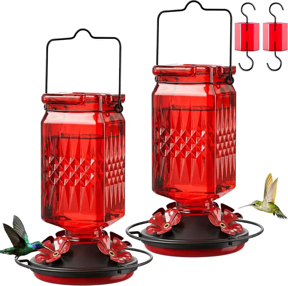 20oz Glass Hummingbird Feeder for Outdoors Hanging, Bird Nectar Feeder with 4 Bee Guard Flower-Shaped Feeding Ports & Built-in Ant Moat, for Bird Lover, Red (2 Pack)