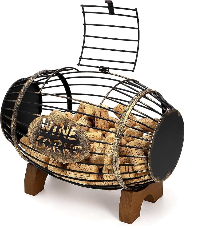 ZOOFOX Wine Cork Holder with Wood Stand, Rustic Metal Cork Container for Display and Storage, Decorative Vino Cork Barrel for Kitchen, Great Gift Idea for Wine Lover, No Assembly Required
