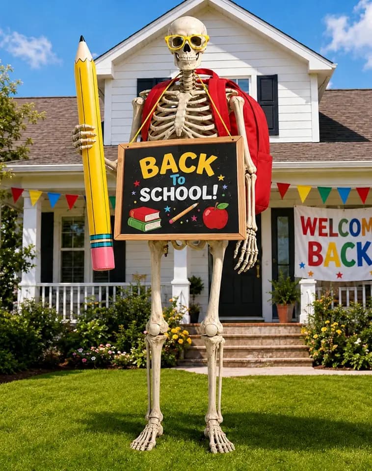 12 Foot Skeleton Back to School Outfit,Giant 12FT Skeleton First Day of School Clothes Costume Accessories Including 31" Giant Schoolbag,31'' Chest Sign,Yellow Glasses & 43" Inflatable Pencil Balloon