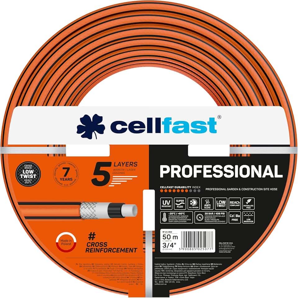 CELLFAST Gartenschlauch 3/4" 50 m - 5-lagiger Wasserschlauch mit Kreuzgewebe - 28 bar - UV-beständig - Anti Algae - Strapazierfähig Flexibel - Professional