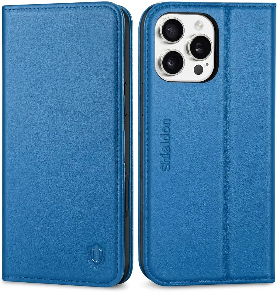 SHIELDON Real Leather Wallet Case for iPhone 16 Pro Max 6.9", Sapphire Blue
