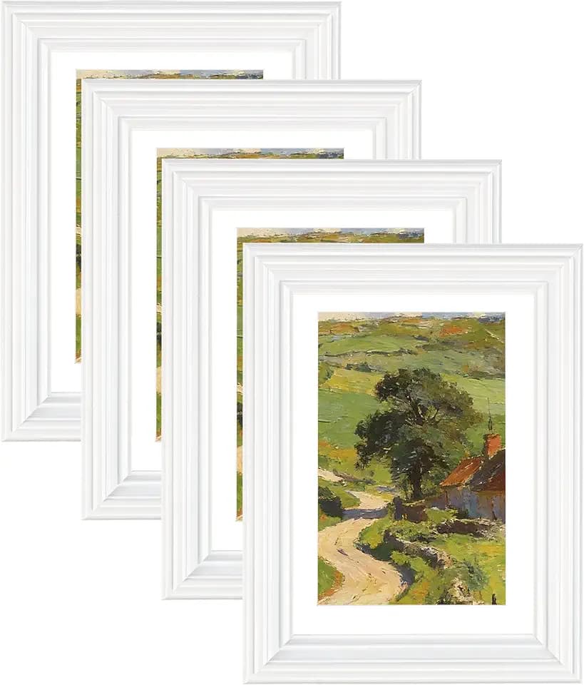 eletecpro 5x7 White Picture Frames Set of 4, Vintage Photo Frames with Clear Acrylic Cover, Gallery Wall Art Display 4x6 Photo with Mat or 5x7 without Mat for Tabletop and Wall Mount, Home Decor