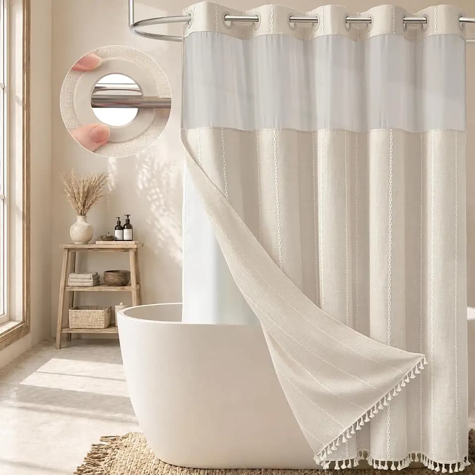 BTTN 72x81 Ringless Boho Stripe Tassel Shower Curtain with Snap Liner Cream