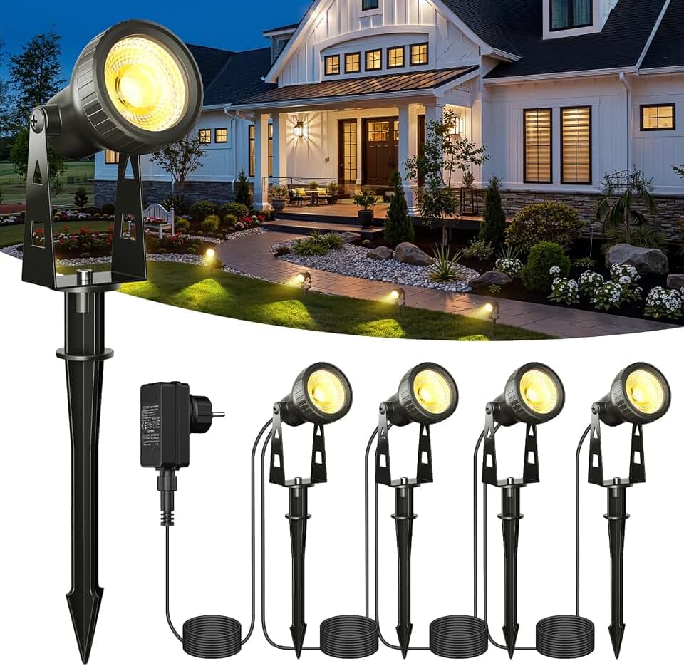 Kawaya Gartenbeleuchtung 4Pcs Gartenlampen für Draußen Strom 36V/12W Gartenleuchten 3200K Led Gartenstrahler Außen Ip68 Wasserdicht 14M Gartenlampe mit Erdspieß 270° Drehbar Gartenstrahler Strahler