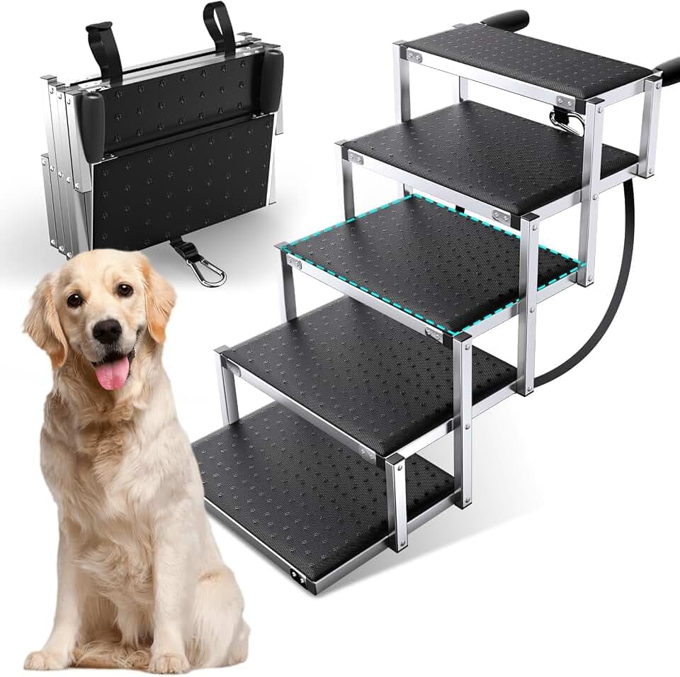 Gimars Extra Breite Hundetreppe Auto bis 75KG für große Hunde, Hundetreppe Auto klappbar mit ACL, Leichtgewichtige Aluminium Hundetreppe faltbar für SUV, Jeep & LKWs