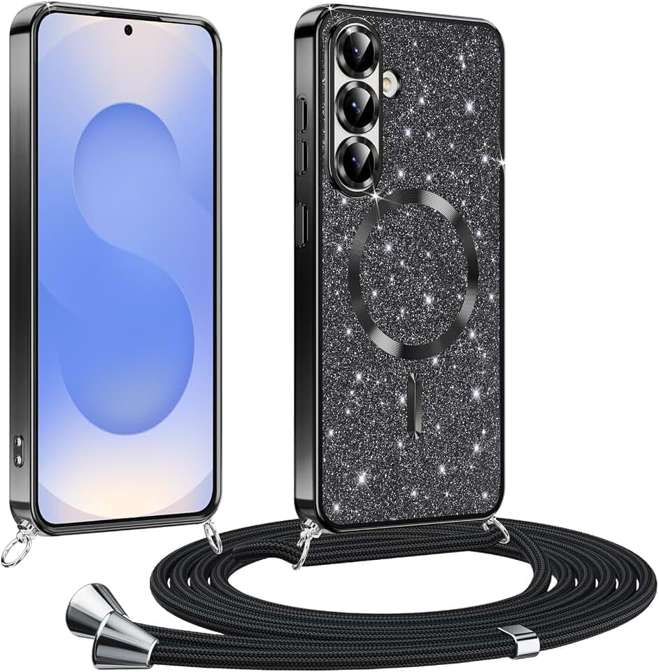 Phoona Handyband Hülle für Samsung Galaxy S26 mit Band, Glitzer Handyhülle Kompatibel mit MagSafe, Ganzkörperschutz Kratzfeste Stossfest Schutzhülle mit Einstellbar Kette, Schwarz
