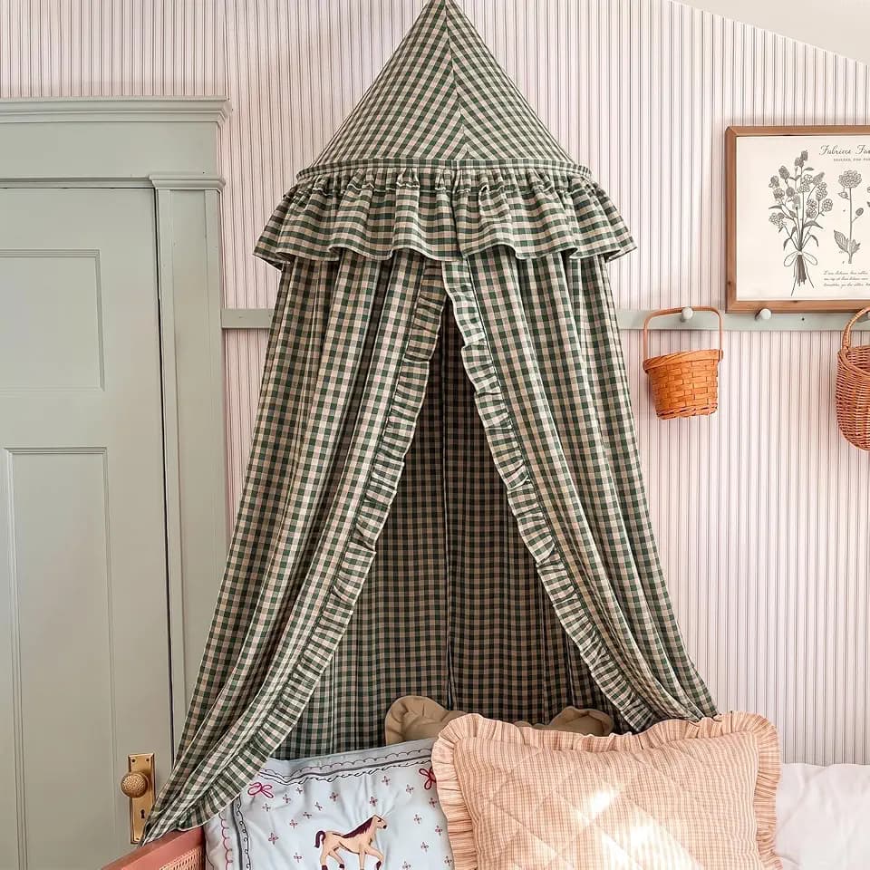 SmoothNovelty Gingham Plaid Bed Canopy, Green Yellow, Round