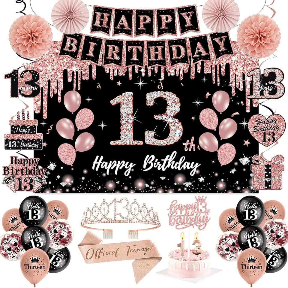 13th Birthday Decorations for Girls,Rose Gold Black Pre-Assembled Set