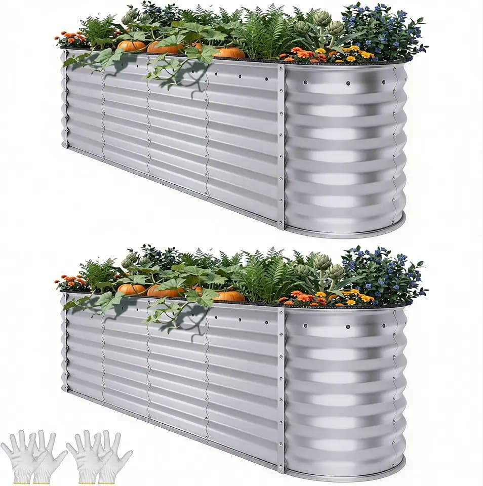YITAHOME 2pcs 24" Tall 9 in 1 Large Raised Garden Bed Kit, 8x2x2ft Galvanized Metal Planter Box with Gloves and Safety Rubber, Outdoor Above Ground Planters for Plants Vegetables Flowers, Silver Gray