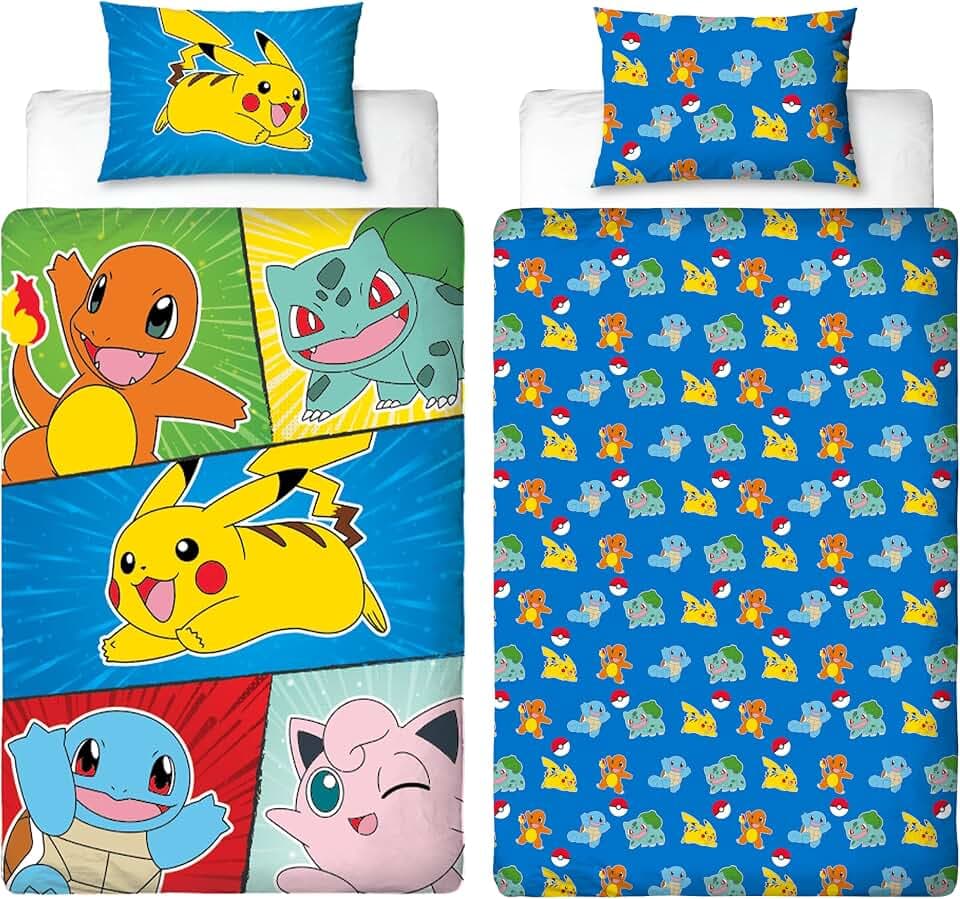 Pokemon Bettwäsche-Set für Einzelbett, offizielles Lizenzprodukt, Retro-Design, wendbar, 2-seitige Pikachu-Figuren, Bettwäsche mit passendem Kissenbezug, perfekt für Kinderzimmer, Polycotton