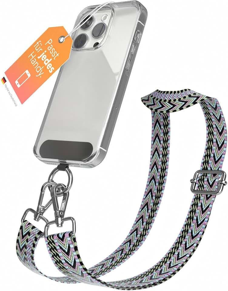 EAZY CASE - Handykette Universal zum Umhängen kompatibel mit jedem Handy Kette mit Hülle kombinierbar Handykordel mit Karabiner für Handyhülle Handyband zum Umhängen Bunt Boho Kordel Violett Grün