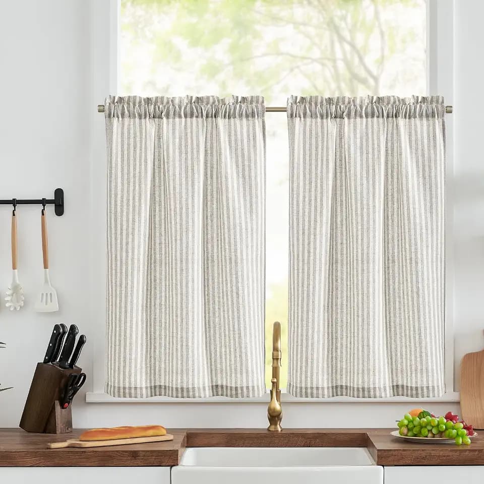 TOPICK Scheibengardinen Streifen Bistrogardine 2er Set H90xB65 Taupe Beige
