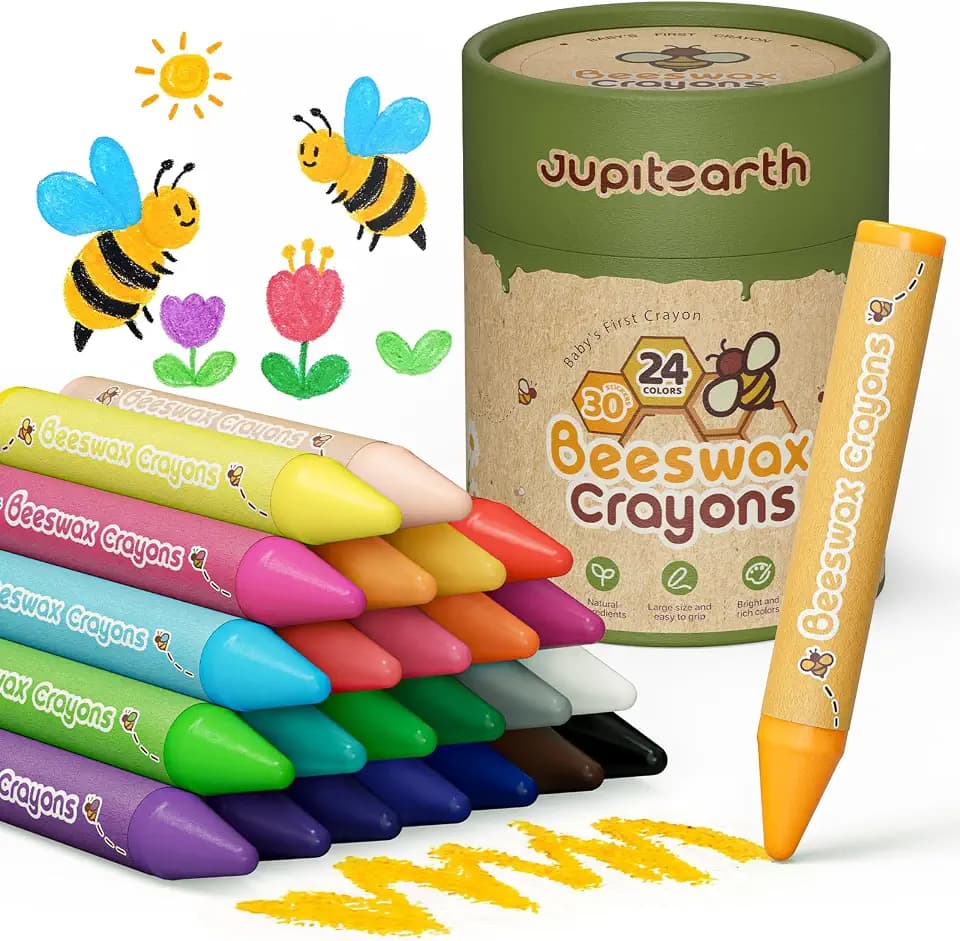 JUPITEARTH Beeswax Crayons for Toddlers 1–3, Jumbo Silky Crayons, 24 Colors