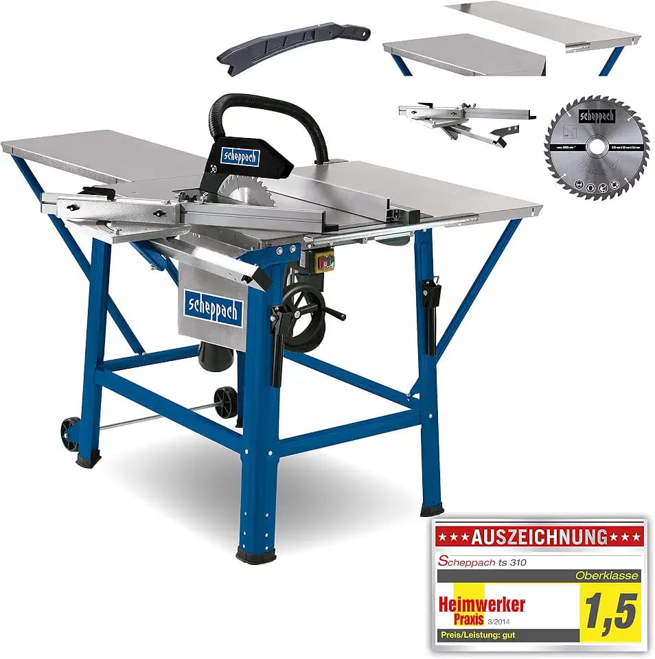 Scheppach Tischkreissäge TS310 | 400V Anschluss | 2800W Leistung | Sägeblatt Ø315mm | Schnitthöhe 83 mm | mit Tischverbreiterung, 2. Sägeblatt, Führungsschiene & Schiebeschlitten | schwenkbar bis 45°
