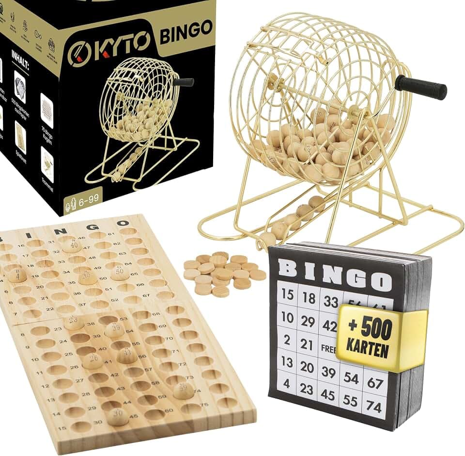 Kyto Bingo Spiel Trommel XXL Gold - 75 Kugeln, 18 Wiederverwendbare Bingokarten + 500 Stift-Karten, Holzspielset für Erwachsene, Kinder und Senioren