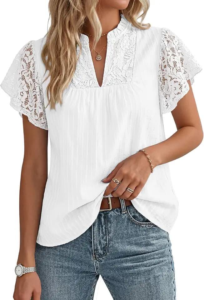 GRACE KARIN Damen Spitzen Baumwolle Bluse Elegante Henley V-Ausschnitt Oberteile Rüschen Kurzarm Sommer Top