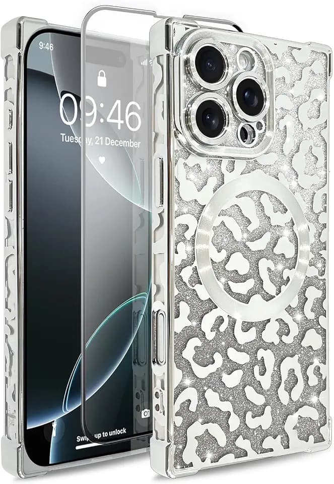 Magnetic Leopard Case Designed for iPhone 16 Pro Max 6.9", Silver