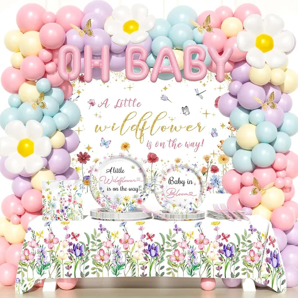 Party Inspo Wildflower Baby Shower Decorations, Baby Shower Decorations for Girl, Wild Floral Baby Shower Decorations, A Little Wildflower is On The Way Decor Backdrop Balloon Plates Napkins Forks